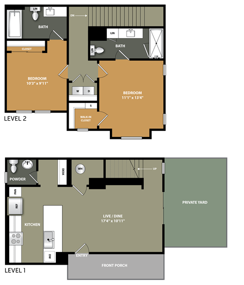 Floor plan for 2 beds, 2.5 baths, 1058 sqft